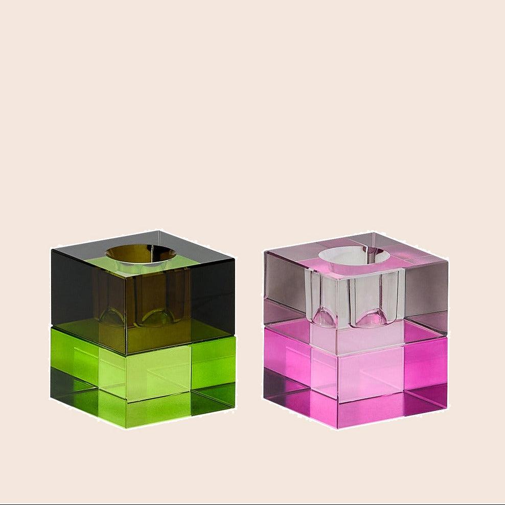 Block Candleholders Brown/Green & Gray/Pink (set of 2)