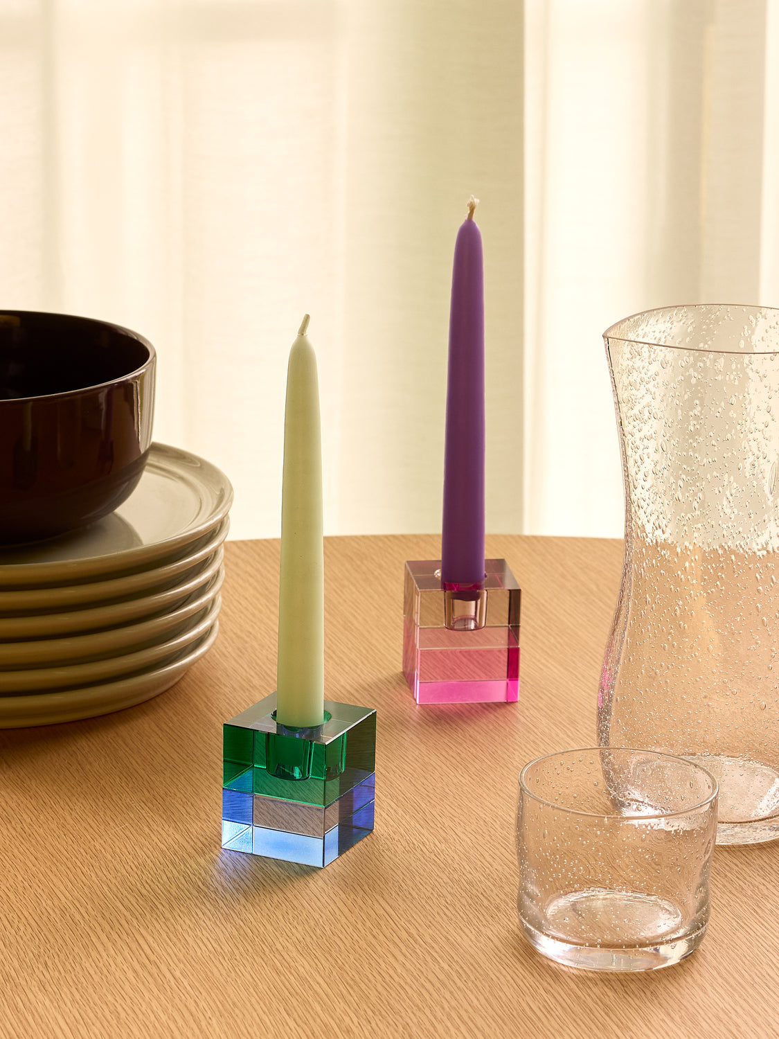 Block Candleholders Brown/Green & Gray/Pink (set of 2)