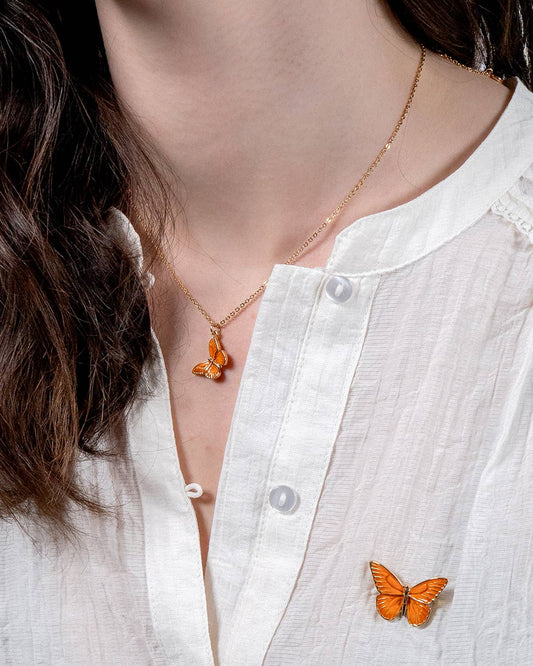 Orange Enamel Butterfly Brooch – Hand-Painted & Gold Plated