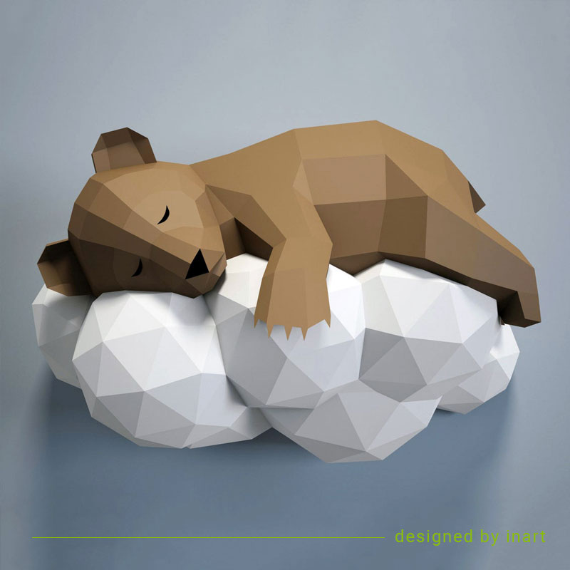 Volka slapende beer bruin - 3D papercraft bouwpakket - opgebouwd model