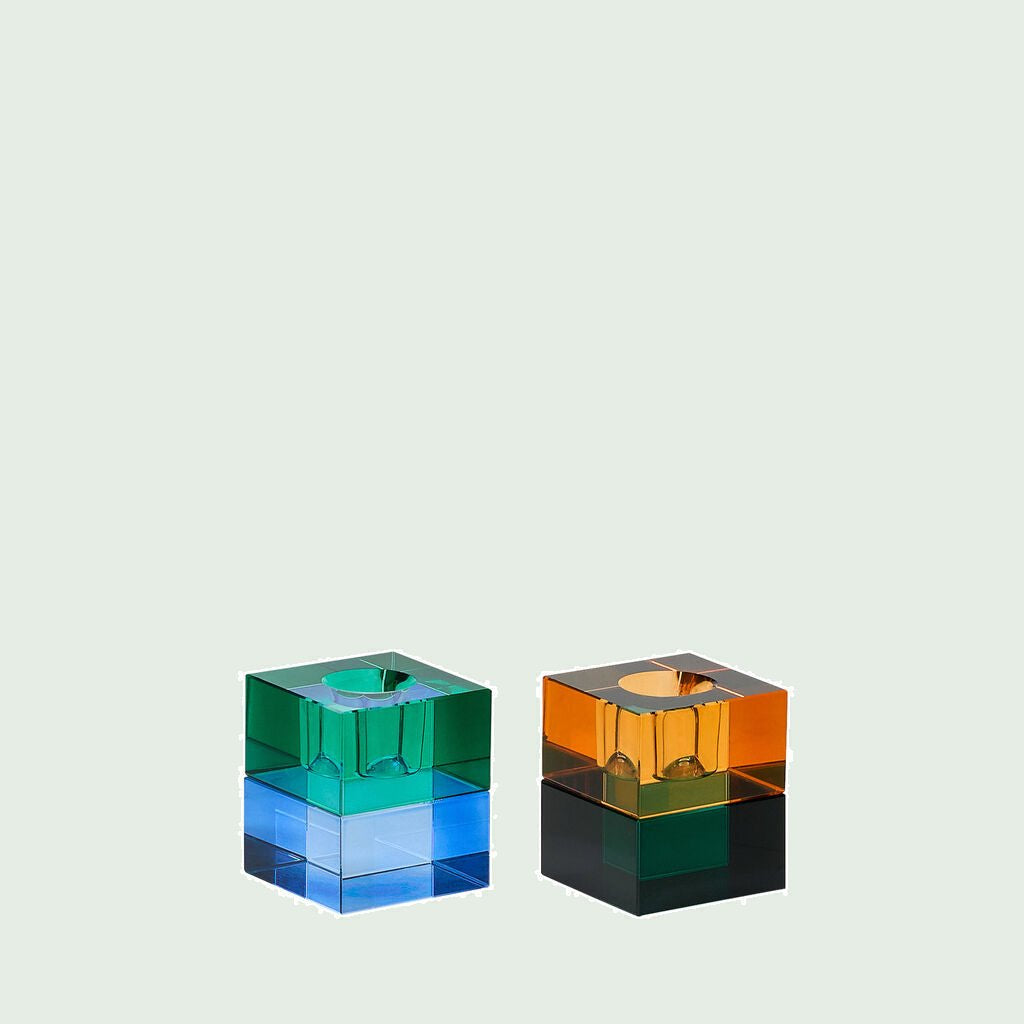 Hübsch Block kandelaars groen blauw oranje groen set van 2
