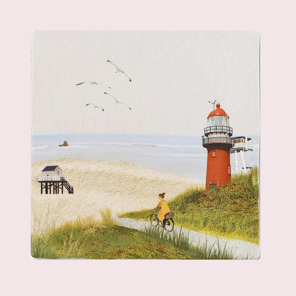 Fietsend op Vlieland op pastelachtergrond