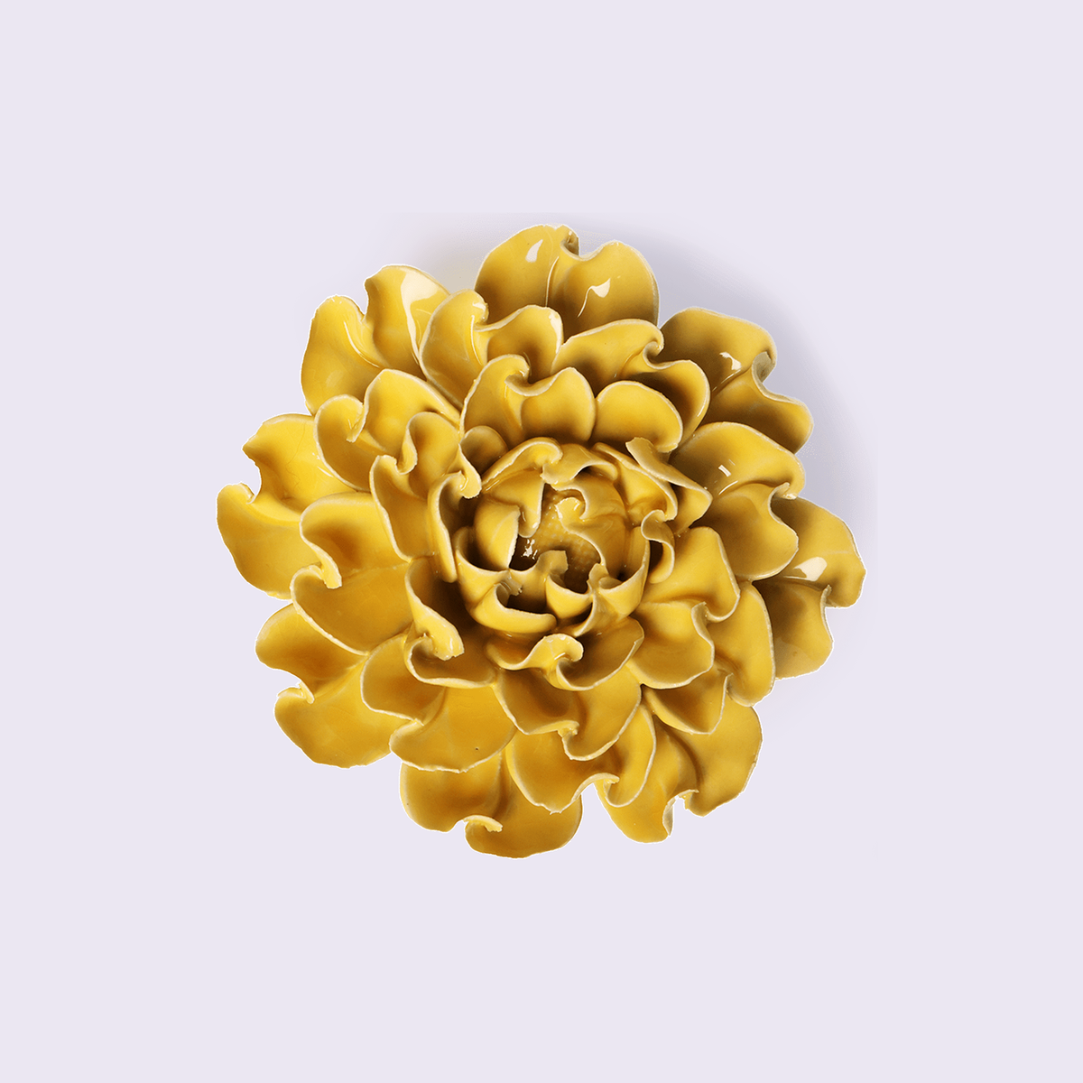 Chive Buttercup Yellow Hawthorn - keramische wandbloem, vooraanzicht op pastelachtergrond