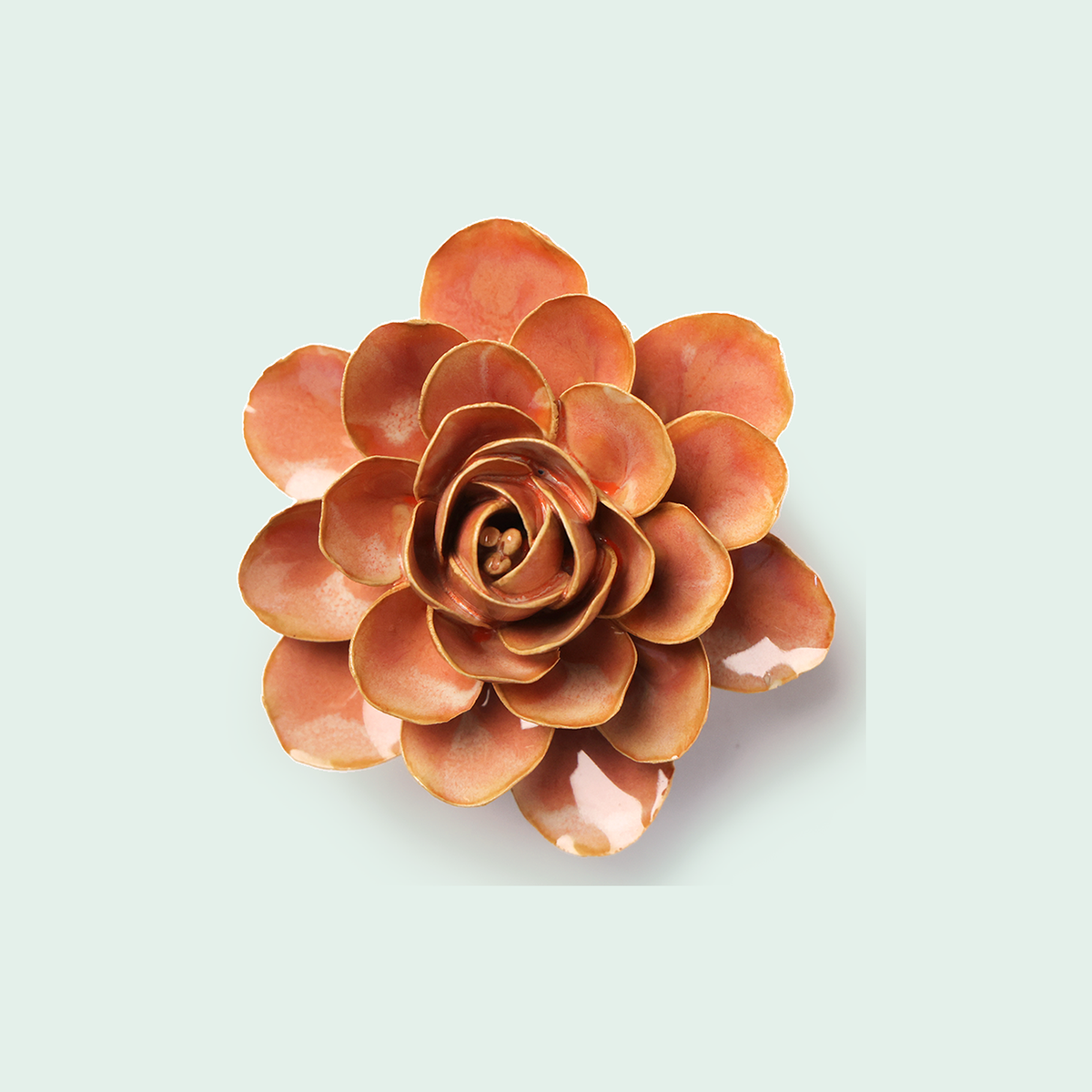 Chive Peach Pink Begonia - keramische wandbloem, vooraanzicht op pastelachtergrond