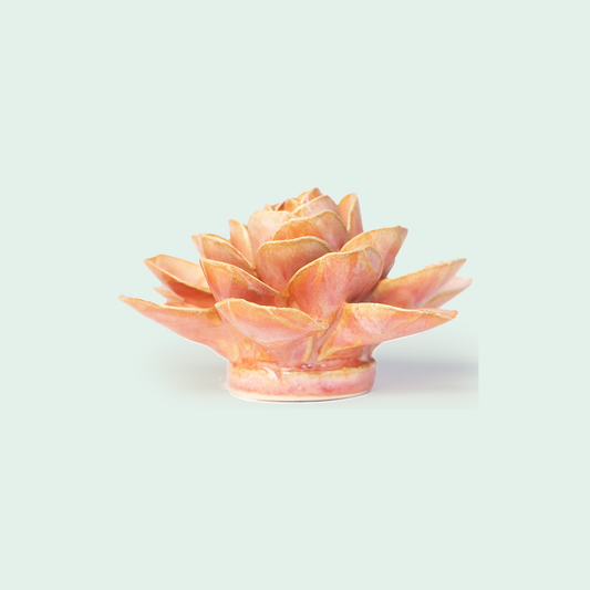 Chive Peach Pink Begonia - keramische wandbloem, zijaanzicht op pastelachtergrond