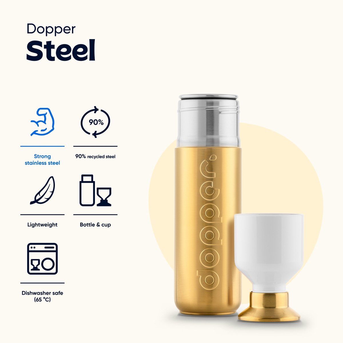 Dopper Steel Gold, overzicht van de fles met afneembare beker en productkenmerken