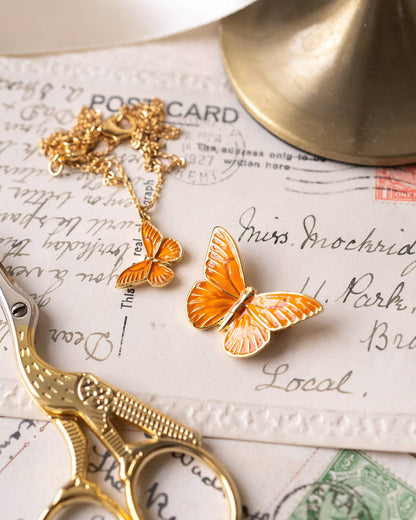 Oranje Emaille Vlinder Broche – Handgeschilderd & Goud Verguld