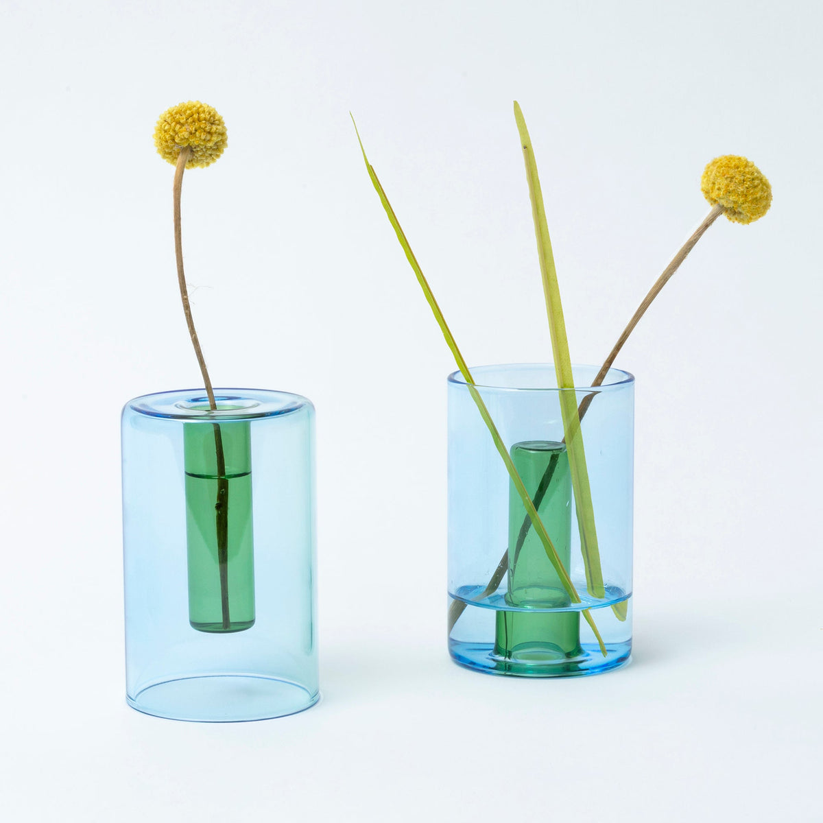 Block Design Reversible vaas klein hemelsblauw/varengroen van borosilicaatglas, in beide standen