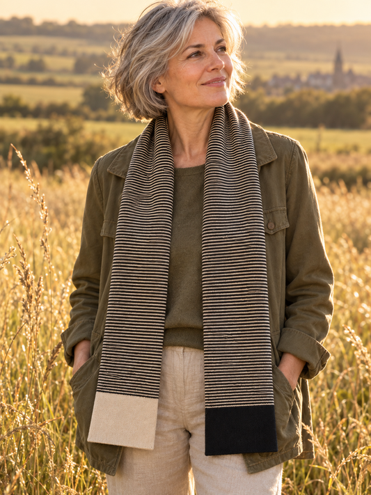 AI-sfeerbeeld: vrouw met Hilly zwart-beige shawl in een veld tijdens golden hour