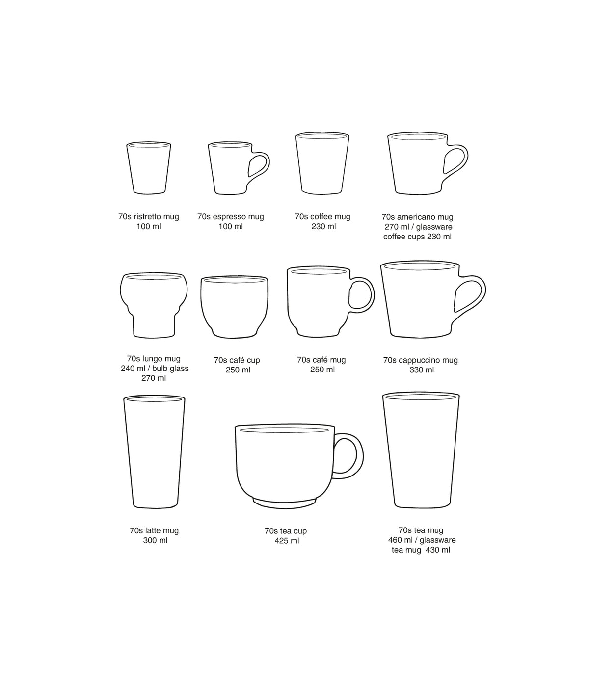 HKLIVING 70s Ceramics cappuccinomokken Dada – set van 4 – maatoverzicht van de collectie