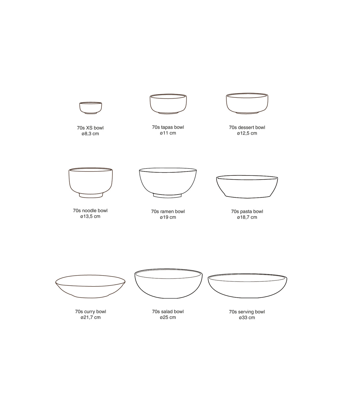 HKLIVING 70s Ceramics dessertschaaltjes Impression – set van 4 – maatoverzicht van de collectie