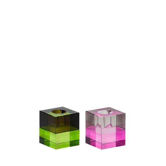 Hübsch Block kandelaars bruin groen grijs roze set van 2