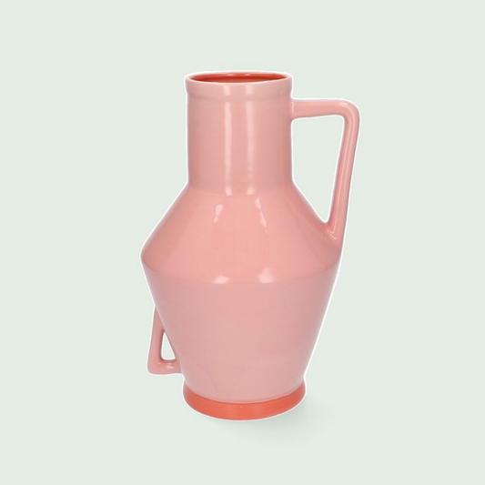 Return to Sender vaas met handvat 30 cm roze tegen een zachte pastelachtergrond (saliegroen)