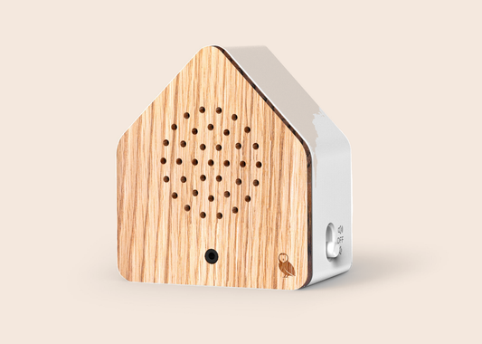 Relaxound Satellitebox Tawny Owl Wood tegen een zachte pastelachtergrond (perzik)