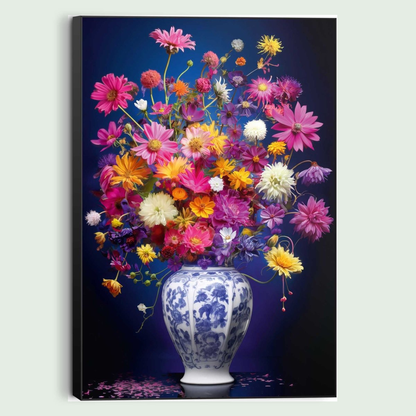 Schilderij Delft Flowers tegen een zachte pastelachtergrond (saliegroen)
