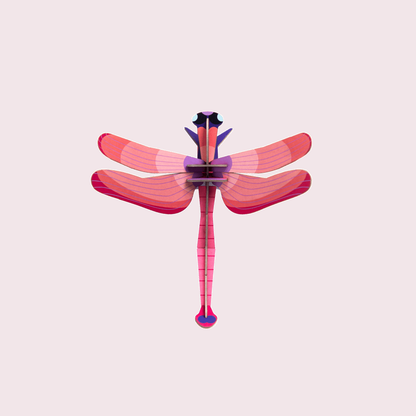 Studio Roof Ruby Dragonfly tegen een zachte pastelachtergrond (poederroze)