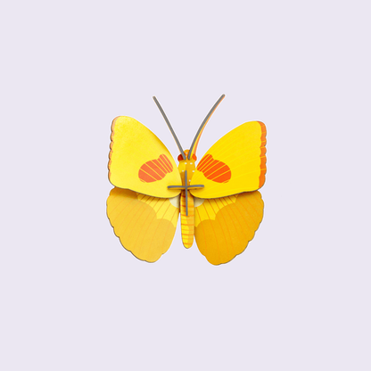 Studio Roof Yellow Butterfly tegen een zachte pastelachtergrond (lila)