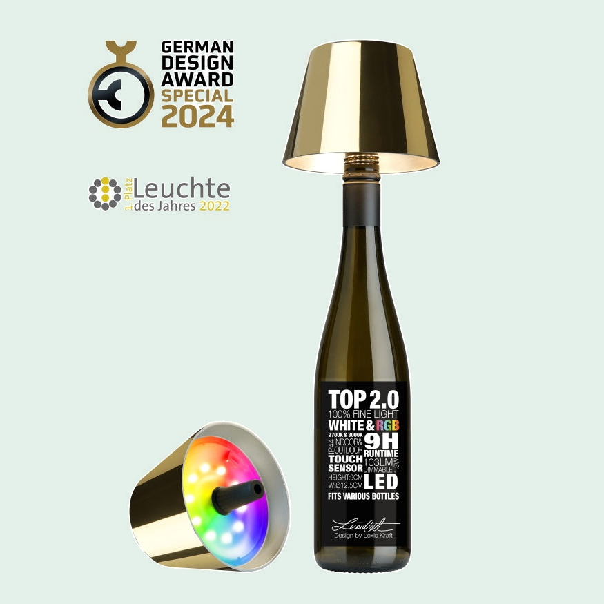 Sompex TOP 2.0 oplaadbare flessenlamp – Goud tegen een zachte pastelachtergrond (mint)