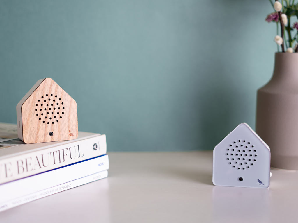 Relaxound Satellitebox Red Cardinal Wood in een interieur