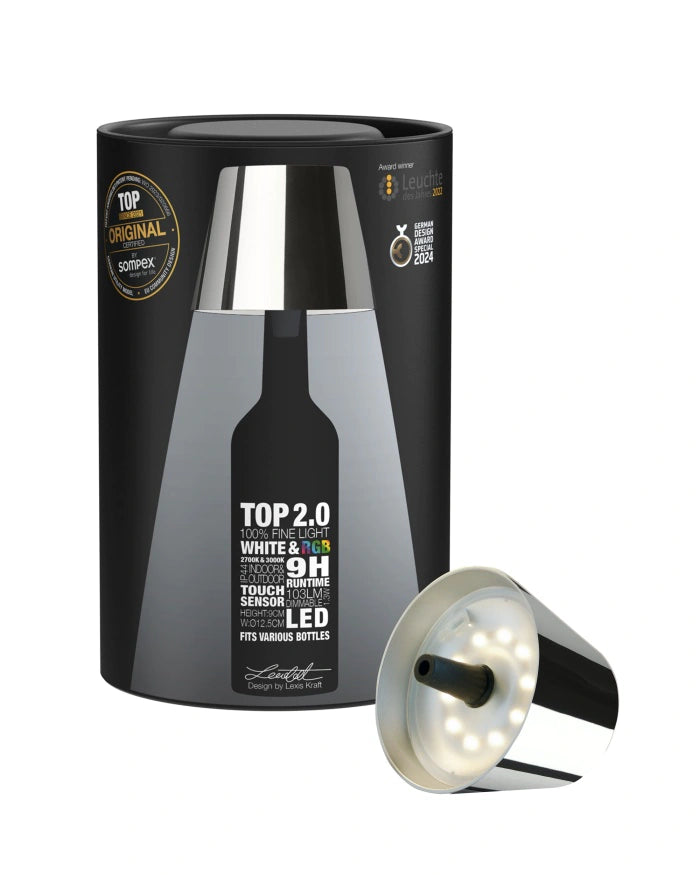Sompex TOP 2.0 oplaadbare flessenlamp – Chroom - detailfoto