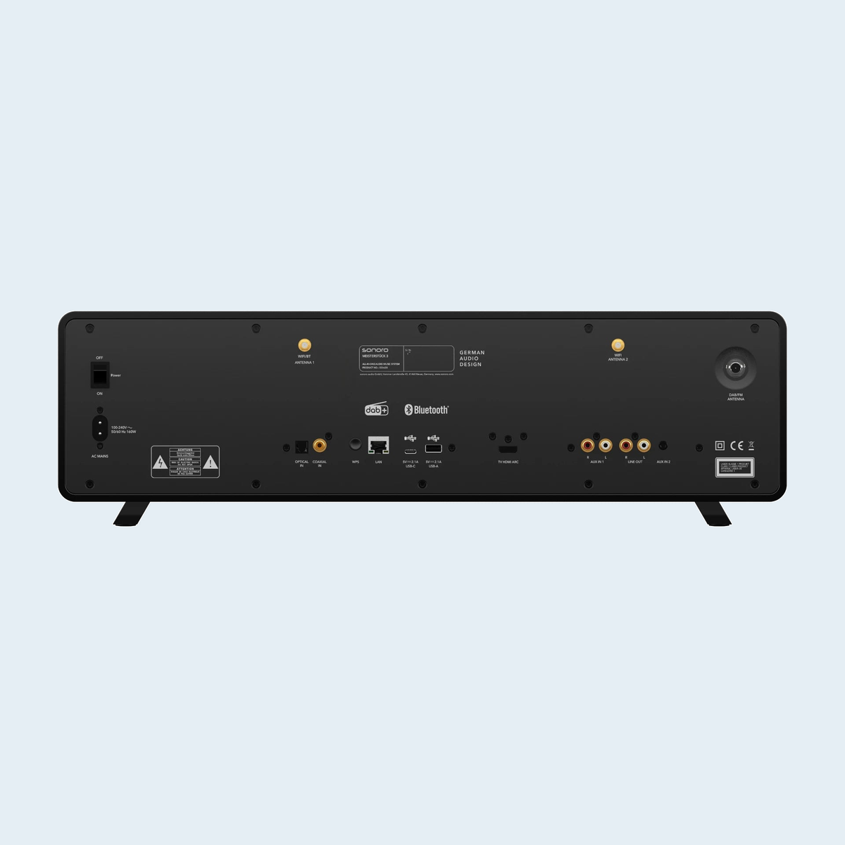 Achterzijde Sonoro MEISTERSTÜCK 3 zwart met HDMI ARC/eARC en audioaansluitingen