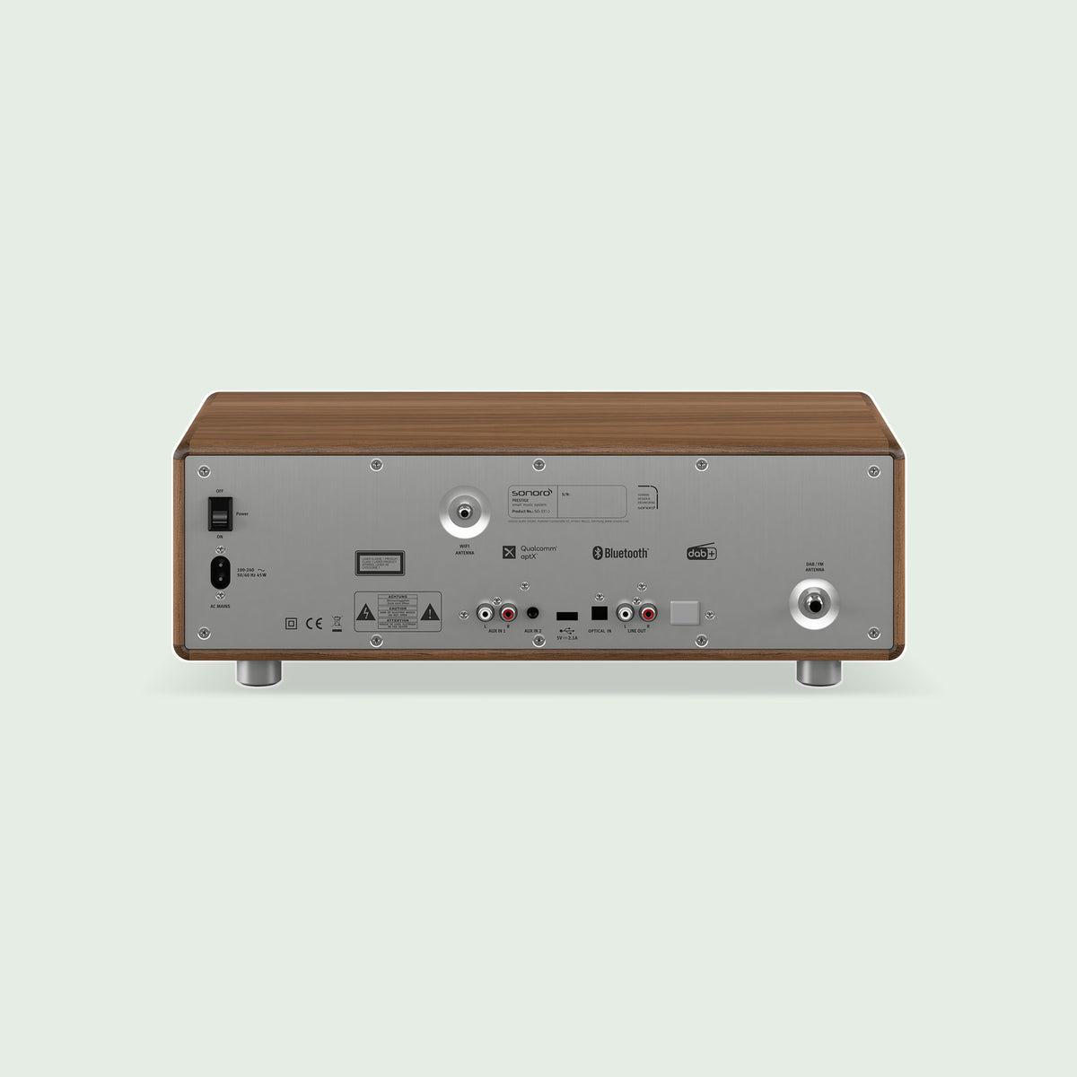 Achterzijde Sonoro PRESTIGE X Walnut met audio- en netwerkaansluitingen