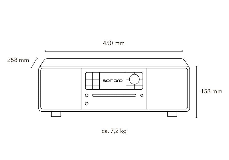 Maattekening Sonoro PRESTIGE: 45 cm breed, 15,3 cm hoog en 25,8 cm diep