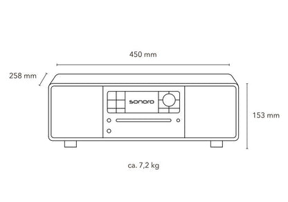 Maattekening Sonoro PRESTIGE: 45 cm breed, 15,3 cm hoog en 25,8 cm diep