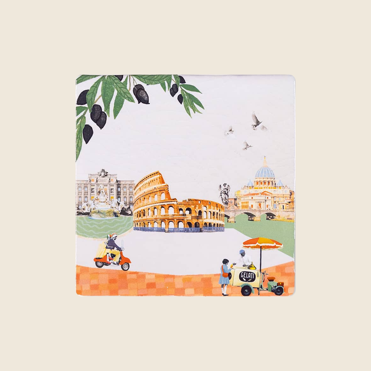 StoryTiles Bellissima Roma 10 x 10 cm met Romeins stadsbeeld op zachte pastelachtergrond