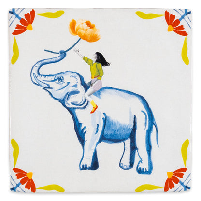 StoryTiles Lovely gesture: olifant geeft een rode bloem aan de persoon op zijn rug