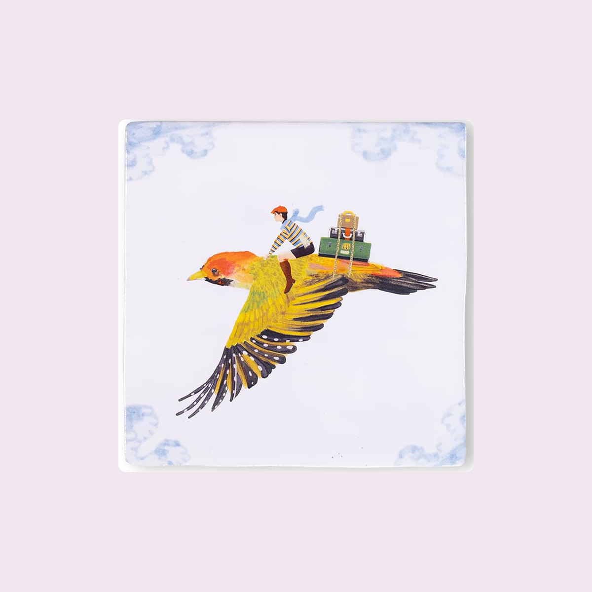 StoryTiles Trekvogel, keramische tegel 10 x 10 cm op zachte pastelachtergrond