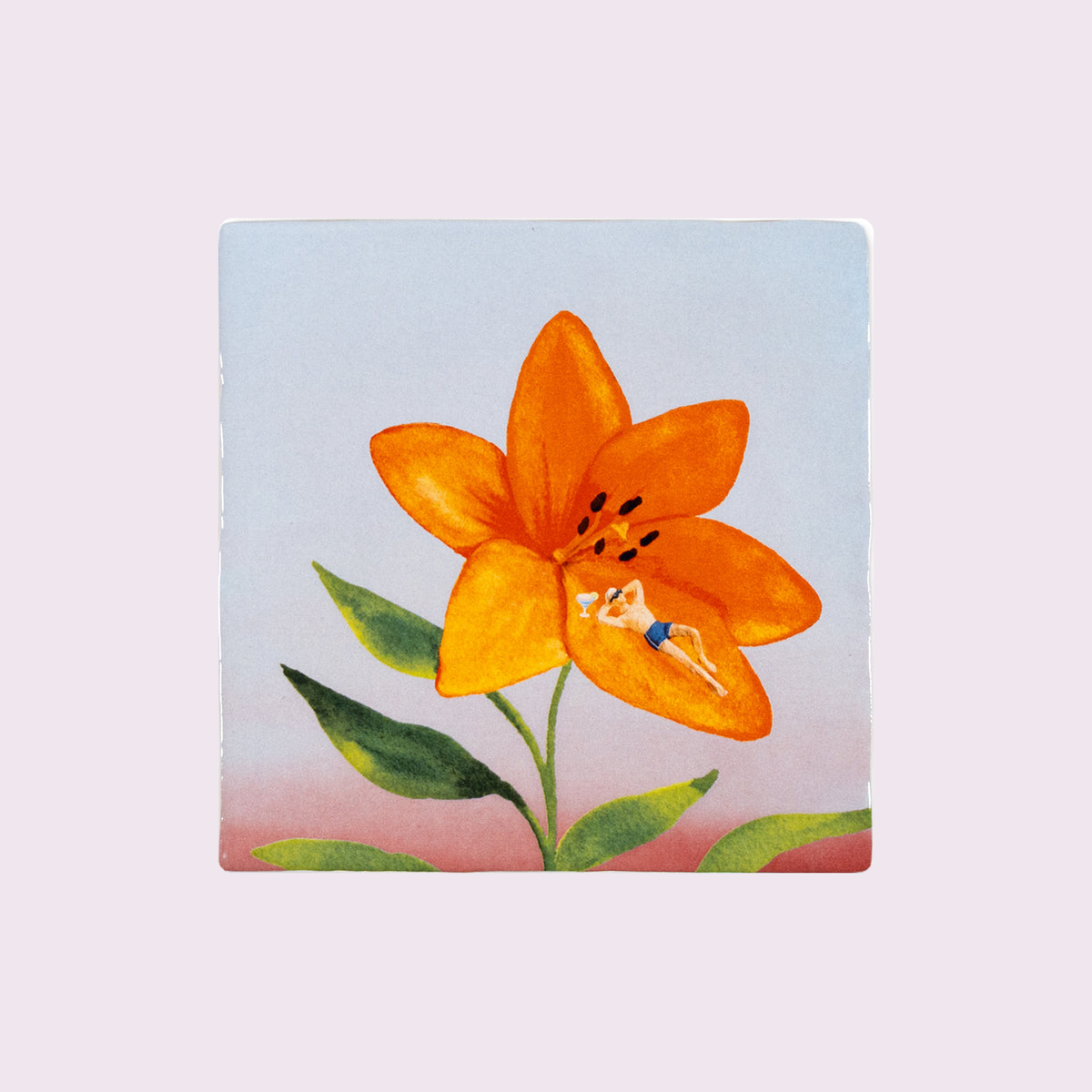 StoryTiles Unwinding, keramische tegel 10 x 10 cm op zachte pastelachtergrond