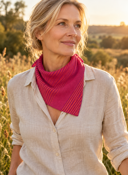 AI-sfeerbeeld: vrouw met La Femme Garniture Tiny fuchsia-oranje bij golden hour