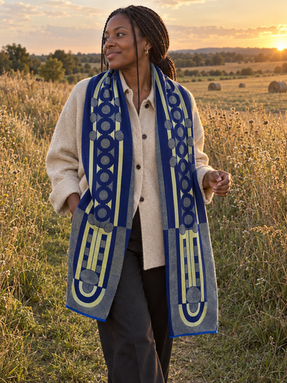 Wolvis Gunta maxi matcha van 200 × 40 cm, gedragen in een veld – gegenereerde sfeerfoto